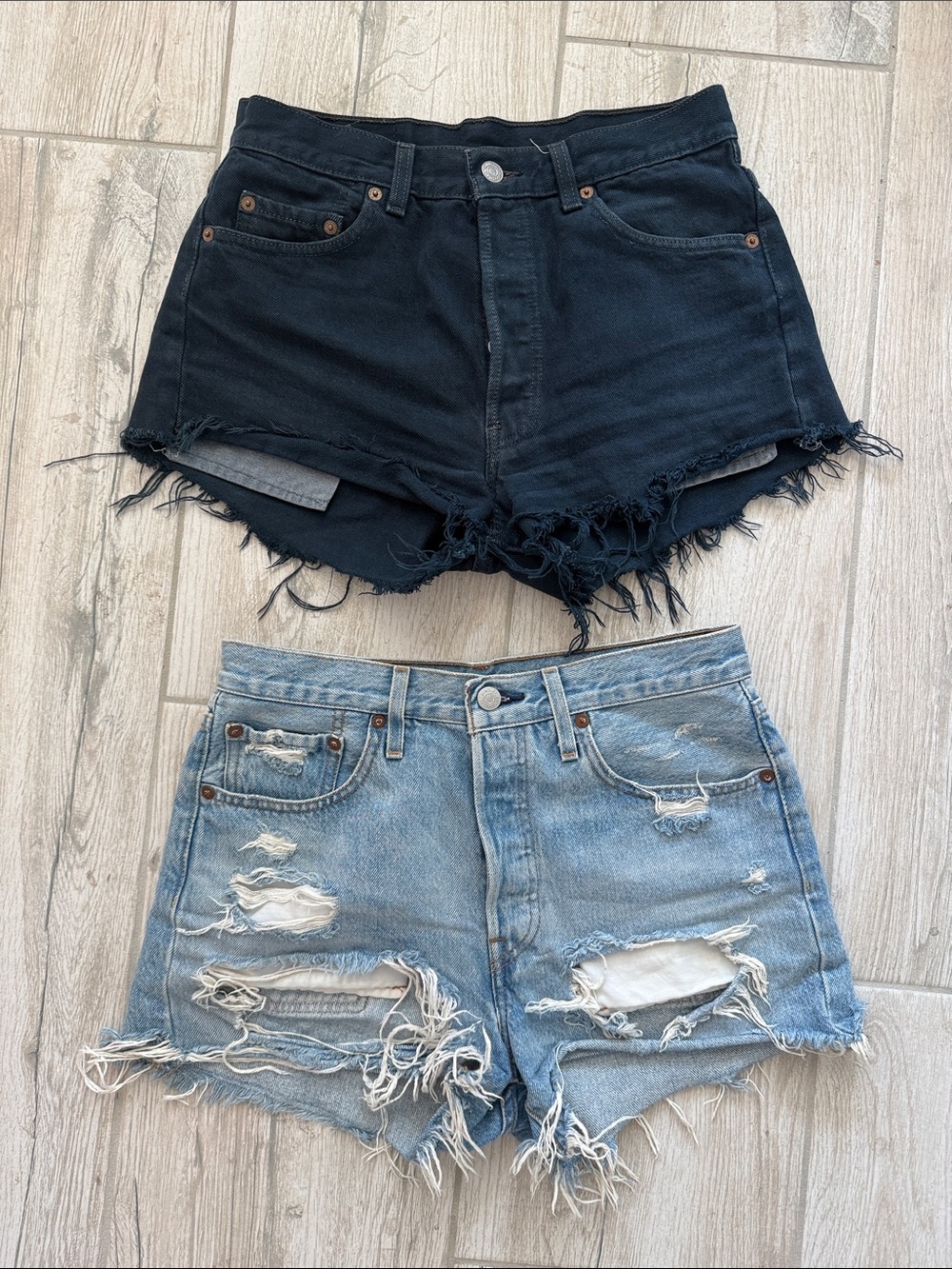Women’s High-Rise Distressed Denim Shorts - navy dyed and Light Blue